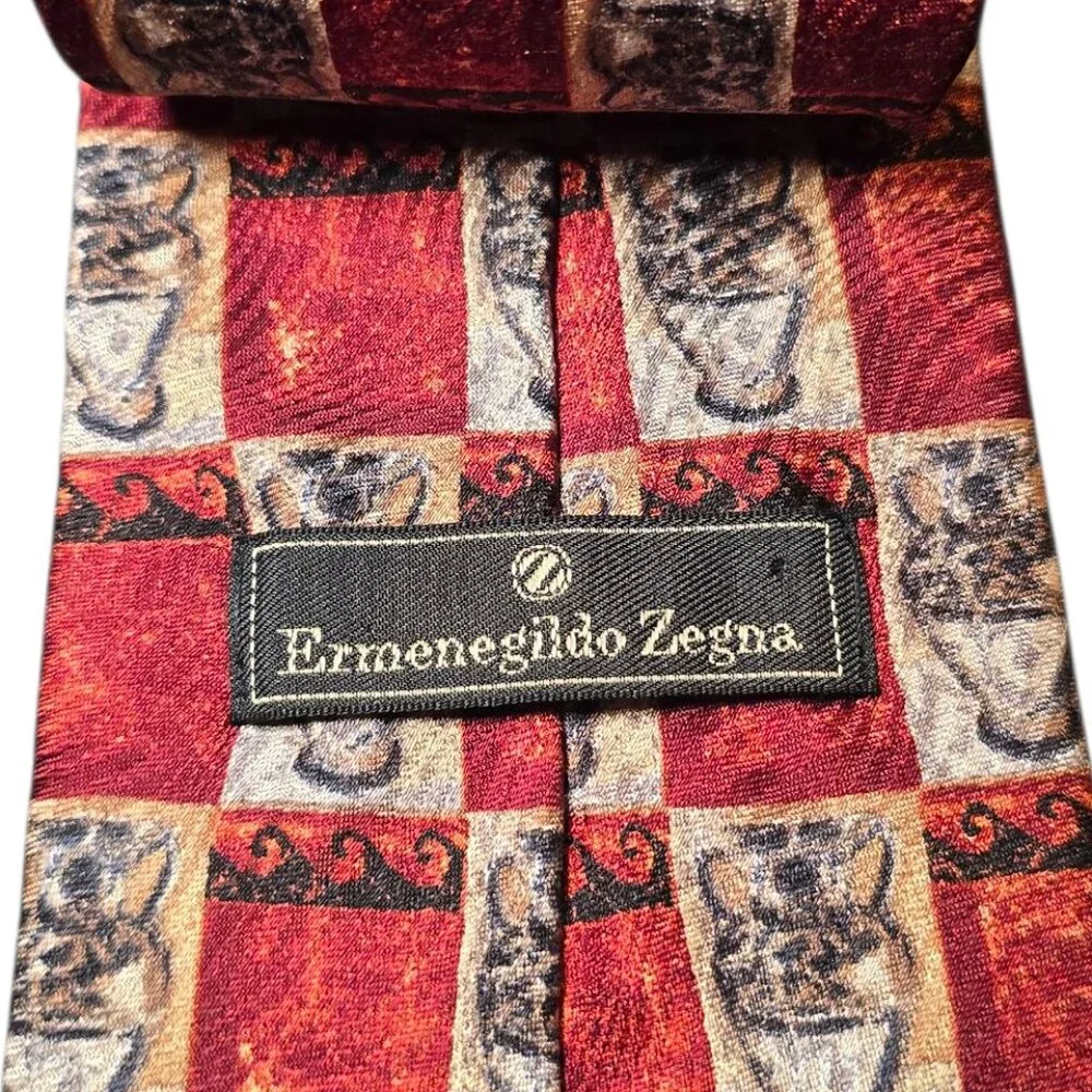Ermenegildo Zegna 100% Silk Tie Red Gold Check Italian Designer Luxury Necktie